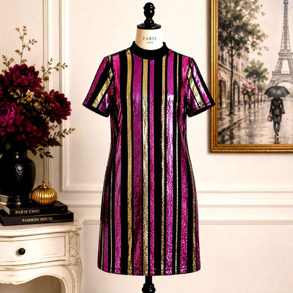 Noisy May Purple Gold Black Sequin Striped Dress Size Medium Cocktail Mini